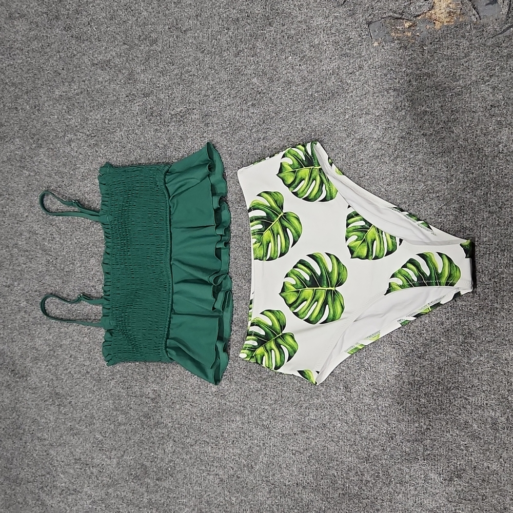 Cupshe Smocked Green and Monstera High Waisted Bikini NWT
